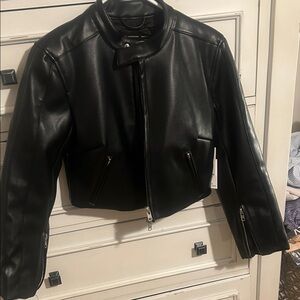 Good American Black Crop Leather Jacket